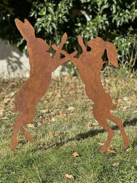 Rusty Metal Boxing Hares Sculptures 